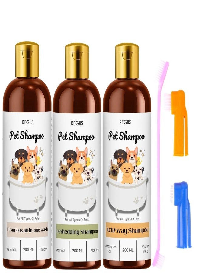 مجموعة شامبو ريجيس للحيوانات الأليفة مع فرشاة، 200 مل، غسول شامل، مزيل للشعر المتساقط، تركيبة مضادة للحكة للكلاب، عبوة من 4 قطع - Image 1